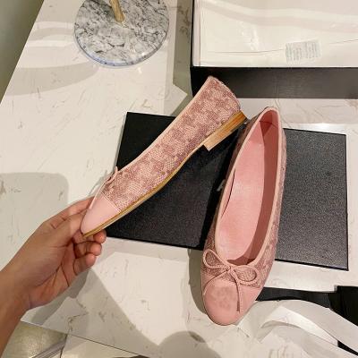 China Original Famous Brand Leather Round Ballet C Butterfly Knot Designer Flat Luxury Casual Ladies Black White Pink Rubber Women Shoes for sale