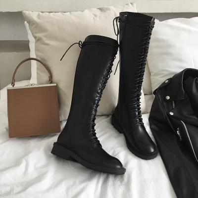 China Russian Black Knee High Flat Tactical Leather Lace Boot Round Winter Microfiber Boots for sale