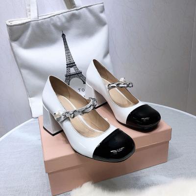 China Luxury Fashion Designer Toe Block Mary Jane Pumps Durable White Square Pearl Chunky Clear High Heels Shoes For Girl Women Ladies for sale