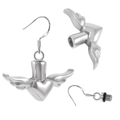 China Other Angle Wings Cremation Jewelry Urn Earrings Stainless Steel For Ashes Love In Heart Memorial Keepsake Earrings for sale