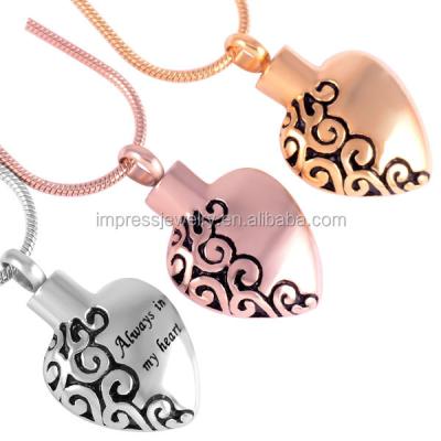 China Factory Directly Wholesale 316L Stainless Steel Ash Holder Always In My Loved Heart Cremation Urn Necklace Hold Ashes for sale