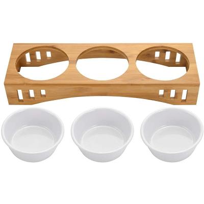 China Cat Bowls Raised Pet Feeder Sustainable Raised Dog Cat Stand Feeder with 3 Ceramic Bowls for Cats or Small Dogs for sale