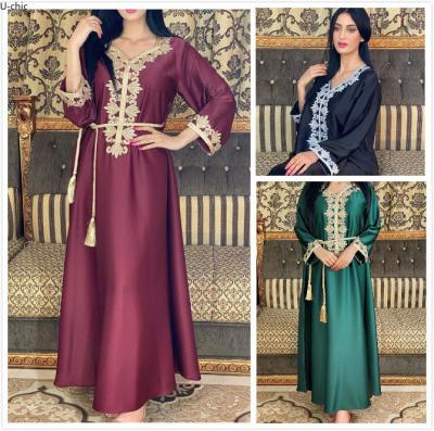 China U-chic Middle East Dubai Flower Embroidery Polyester Bronzing Lace Jalabiya Dress Abaya Muslim Female Abaya for sale