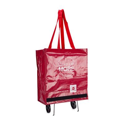 China Folding 150gsm Folding PP Woven Trolley Portable Shopping Bag With Wheels for sale