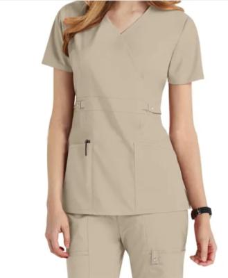 China Hospital Uniform Women Sand Workwear Revolution Mock Wrap Scrub Senior Doctor Nurse Uniform, Customized Size for sale