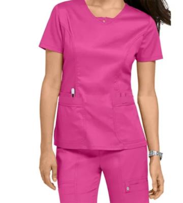 China Hospital Unform Women's Slimt Tailored Rose Red Nures Uniform Sets, V Neck Lab Medical Shirts Short Sleeve for sale