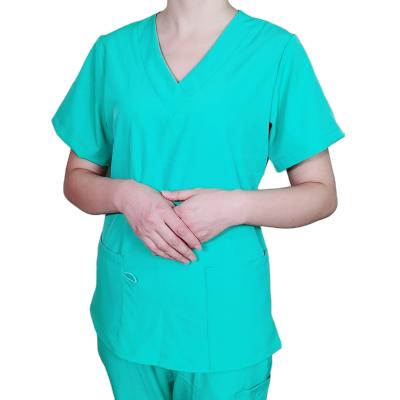 China Custom Made Hospital Women Spandex V-Neck Scrubs Upper Stretch Hospital Nurse Uniform for sale