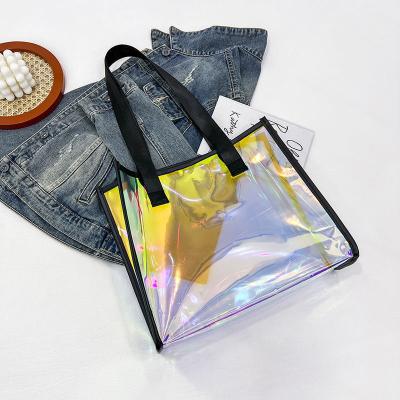 China Summer Eco-friendly Holographic Iridescent Hologram Bag PVC Handled Plastic Holographic Tote Bag for sale