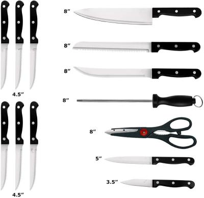 China Durable 14pcs Stainless Steel Kitchen Knife Set PP Plastic Handle Wood Block Knife Set for sale