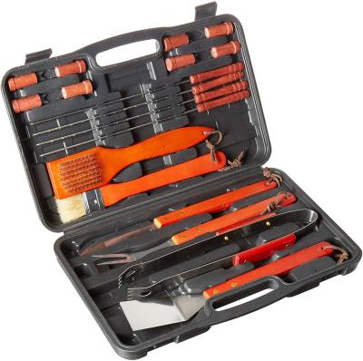 China Easily Cleaned BBQ Tool Kit 18pcs Handle Wooden BBQ Grilling Tool Kit PP Plastic Carry Case for sale