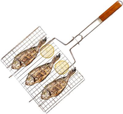 China Easily Cleaned Portable BBQ Grilling Basket Stainless Steel With Wooden Handle for sale