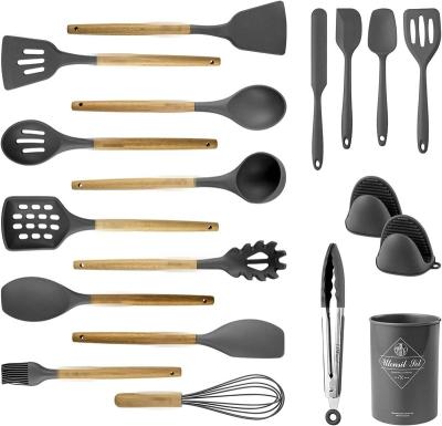 China Sustainable 18pcs Silicone Kitchen Utensils Set , Wooden Handle Silicone Utensils Set for sale