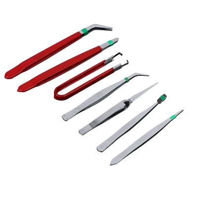 China Supply 7pc Hardware Flat Computer Eyebrow Tweezers Electromechanical Iron Maintenance Tweezers Set Wholesales for sale