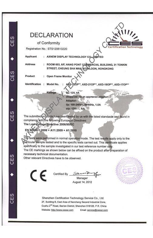 CE-AXNEW DISPLAY - AXNEW DISPLAY TECHNOLOGY CO.,LTD