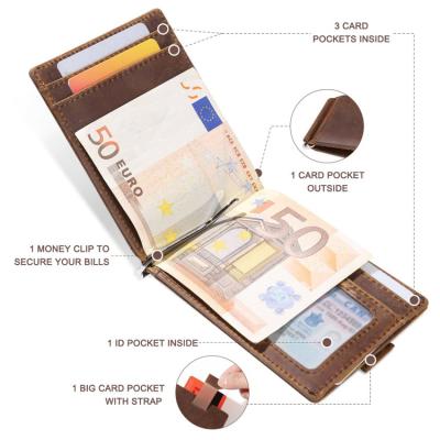 China Amazon Hot Selling Anti-theft RFID Blocking Minimalist Metal Slim Genuine Leather Men's Money Clip Bifold Wallet for sale