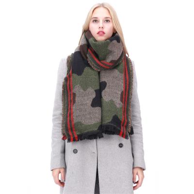 China Polyester Military Green Camouflage Large Red Stripe Lady's Cape Thickened Warm Soft Scarf for sale