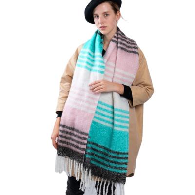 China Polyester Women Stripes Warm Mohair Scarf Tassel Bib for sale