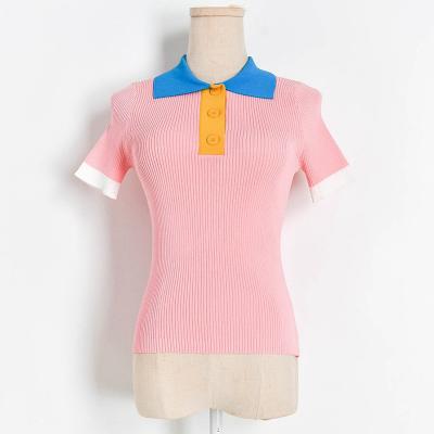 China New Candy Color Anti-wrinkle Lapel Short Sleeve Elastic Slim Polo Knit Sweater For Women for sale