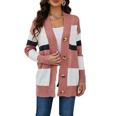 China Anti-wrinkle Women Elegance Lightweight Striped Patchwork Mid Length Cardigan for sale