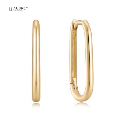 China Audrey Polished Jewelry 14K Real Solid Lead Free Nickel Free Gold Geometric Rectangle Huggies Earring For Women for sale