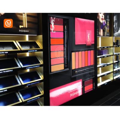 China Custom Made Luxury Wooden Shelf Makeup Display Rack Cosmetics Retail Showcase for sale