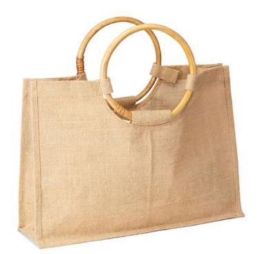 China Custom Handled Hessian Beach Welcome Tote With Round Cane Handles for sale