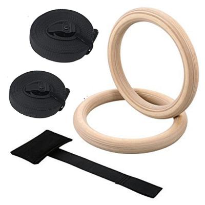 China 250KGS Weight Capacity Heavy Duty Muscular Bodyweight Training Wooden Gymnastic Rings with Anchor Buckle and Door Cam Straps for sale