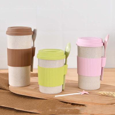 China New Sustainable Promotional Eco Friendly Custom Daily Wheat Straw Reusable Coffee Mug Cup With Lid And Spoon for sale