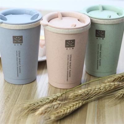 China 300ML Disposable Eco-Friendly Biodegradable Wheat Straw Fiber Double Wall Layer Insulated Coffee Cup Reusable Plastic Cup With Lid for sale