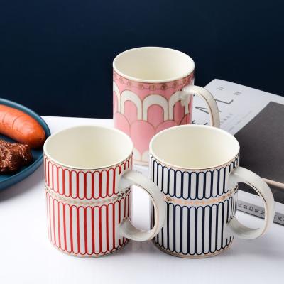 China Sustainable and Excellent Large Quantity Office Drinking Water Cup Breakfast Cup Striped Ceramic Mug for sale