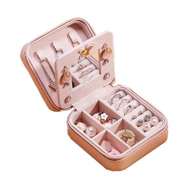 China Save the Date Double Layer Zippered Small Travel Case With Makeup Mirror Jewelry Box Women Leather Jewelry Case for sale