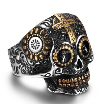 China KL004 Stainless Steel Male Skull Vintage Jewelry Antique Silver Cross Ring Ring Punk Jewelry for sale