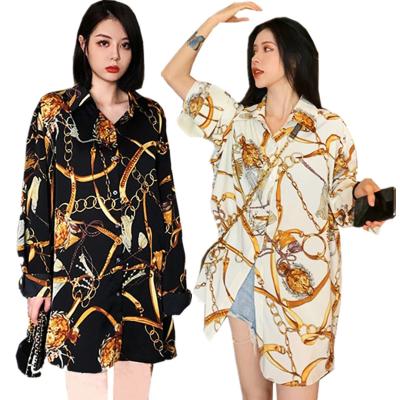 China Anti-pilling fashion chained women casual oversized blouses 2022 summer spring chiffon blouse long sleeve loose casual tops shirts for sale