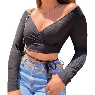 China European and American summer women's v-neckline sleeve anti-wrinkle 2021 new long off the shoulder top T-shirt for sale