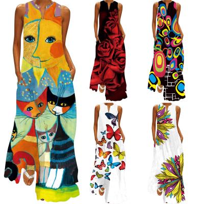 China 2022-8 Viable Plus Size S-5XL Summer Dress Women Vintage Print Sleeveless Long Beach Dress for sale