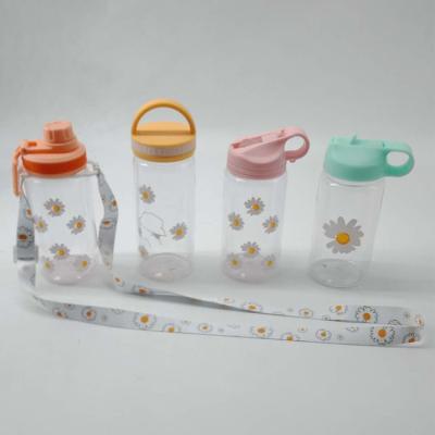 China BPA Free Sustainable Food Grade Plastic Daisy Kids Pastoral Water Bottle With String And Sleeve for sale