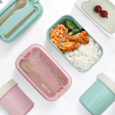 China Single Wall Leakproof 800ml Wheat Straw Lunch Box And 450ml Soup Cup Set Easy Carry Outdoor With Cutlery N4515 for sale