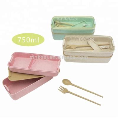 China Multifunctional Wheat Straw Double Layers Plastic Lunch Box With Clear Lid Bento Lunch Box Kids for sale