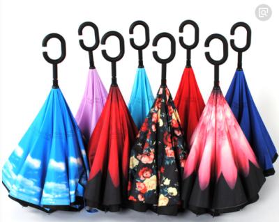 China Hot Selling Hands C Handle Double Layer Manual Open Free Upside Down Reverse Inverted Inverted Car Umbrella for sale