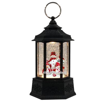 China Glitter Moves And Sparkles Inside Christmas Gift Online Store Rustic Hot Sale Brown Led Rotating Water Christmas Snsowman Lantern for sale