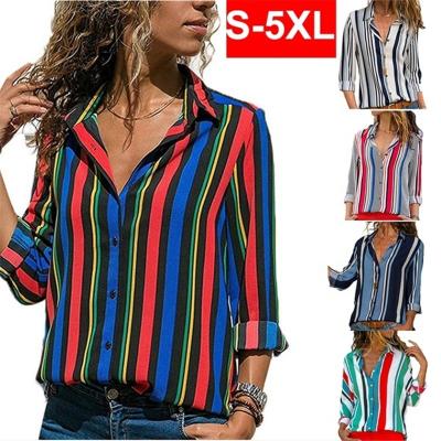 China Contrast Color Stripe Office Anti Pilling Casual Ladies Long Sleeve Shirts Women Blouse for sale