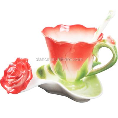 China Sustainable 3d Flower Mug in Flower Coffee Mug for Valentine's Day Porcelain and Ceramic Dinner Set Rose for sale