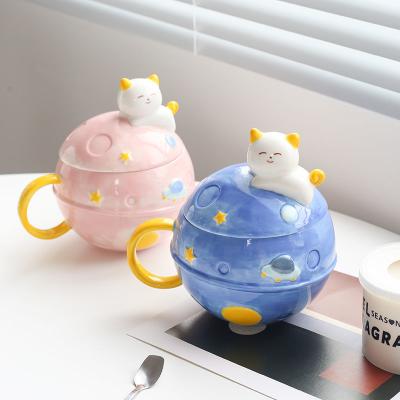 China 3D Round Cat Cute Planet Ceramic Mug Viable Couples Couples Drinking Cup Cartoon Office Tea Cup Kawaii Cup Super Cute Cool Coffee Mug for sale