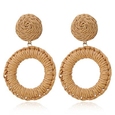 China New Geometry Round Rattan Stud Earrings Jewelry 2022 TRENDY Bohemian Handwoven Wooden Earrings Exaggerated for sale