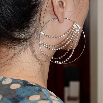 China Large Bling Bling CZ CLASSIC Creative Tassel Design Circle Earrings Exaggerated Crystal Tassel Hoop Earrings for sale