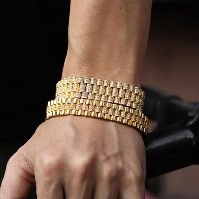 China Hot Selling Exquisite Micro-set Three Row Zircon Steel Band Watch Chain Vintage European And American Jewelry Mens Hip Hop Bracelet for sale