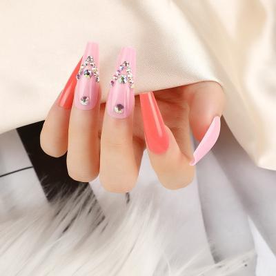 China Easy Apply Coffin Extreme Long Press On Nails With Faux Stone Pink Glitter Stick On Fakenail Nails Artificial Finger Decorated Nails for sale