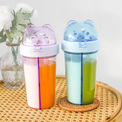 China Portable Sustainable Creative Double Drinks Plastic Water Bottle Separated Children Student Girl Cool Straw Water Cup for sale