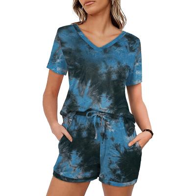 China Both QUICK DRY 2 Piece Outfits For Women V Neck Tie Dye Solid Colors Lounge Pajamas Sets With Pockets Summer Full Shorts for sale