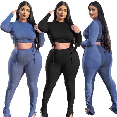 China New Arrival Breathable Plus Size Women Clothing Outfits Long Sleeve Crop Shirts And Pants Two Piece Set for sale